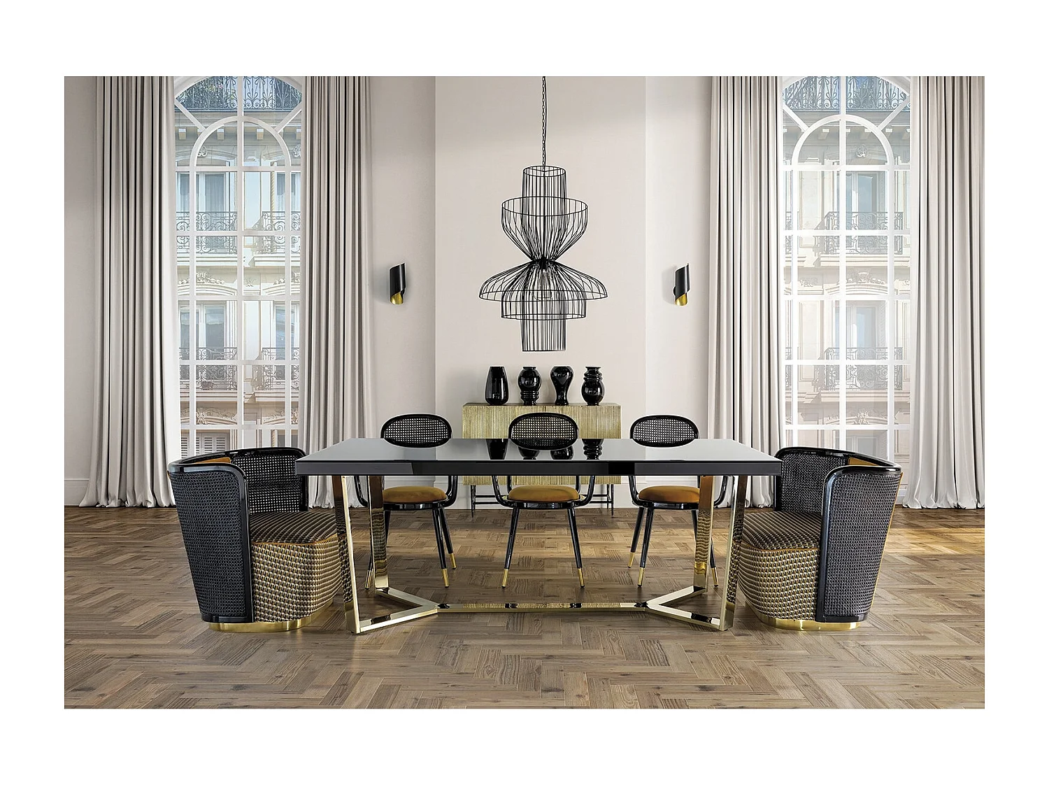 Chaise art déco velours moutarde et pieds bois massif noir Bari