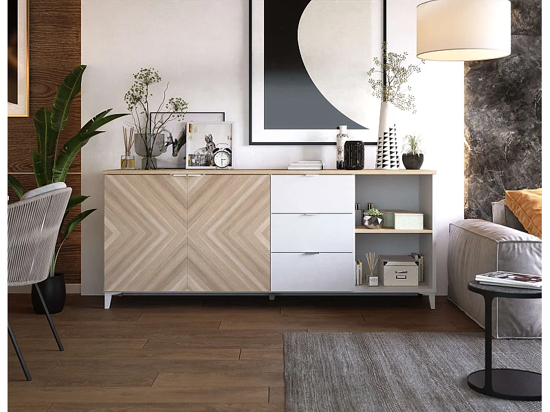 Buffet Neo 2 portes 3 tiroirs 83,5x180x44 cm noir et chêne TALESA