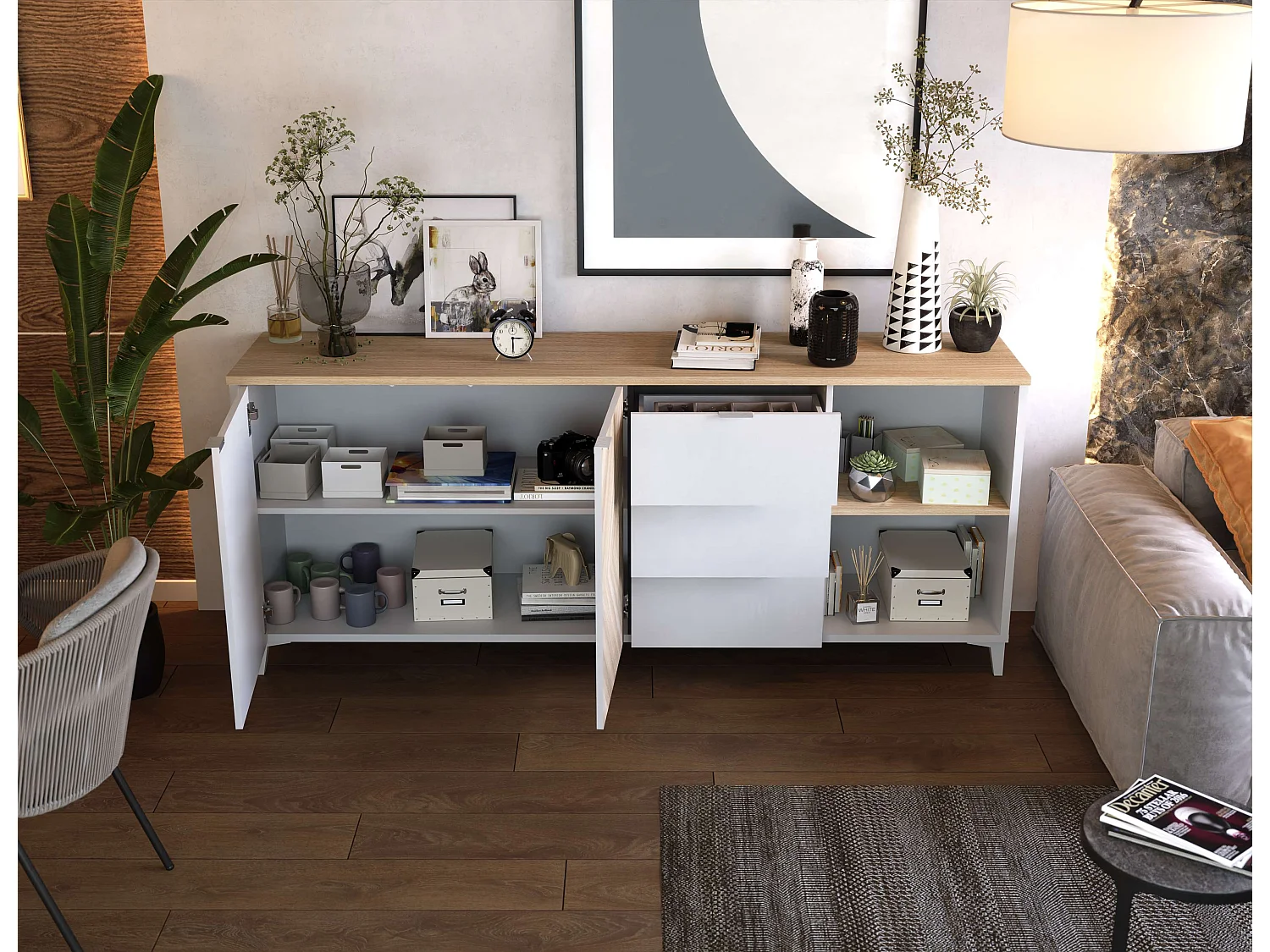 Buffet Neo 2 portes 3 tiroirs 83,5x180x44 cm noir et chêne TALESA