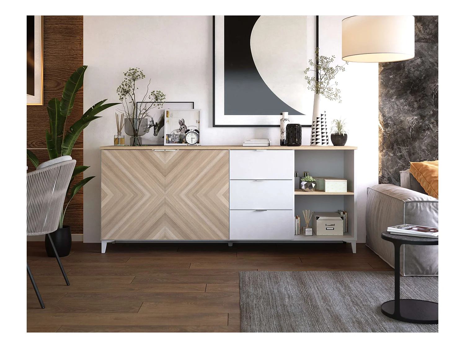 Buffet Neo 2 portes 3 tiroirs 83,5x180x44 cm noir et chêne TALESA