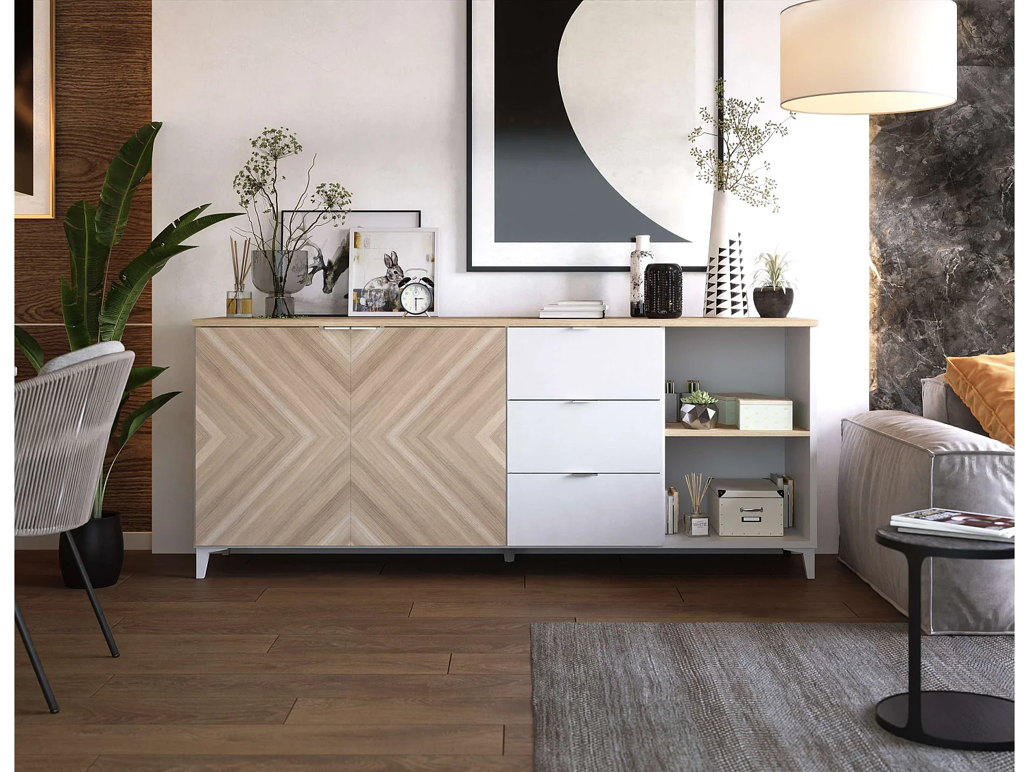 Buffet Neo 2 portes 3 tiroirs 83,5x180x44 cm noir et chêne TALESA