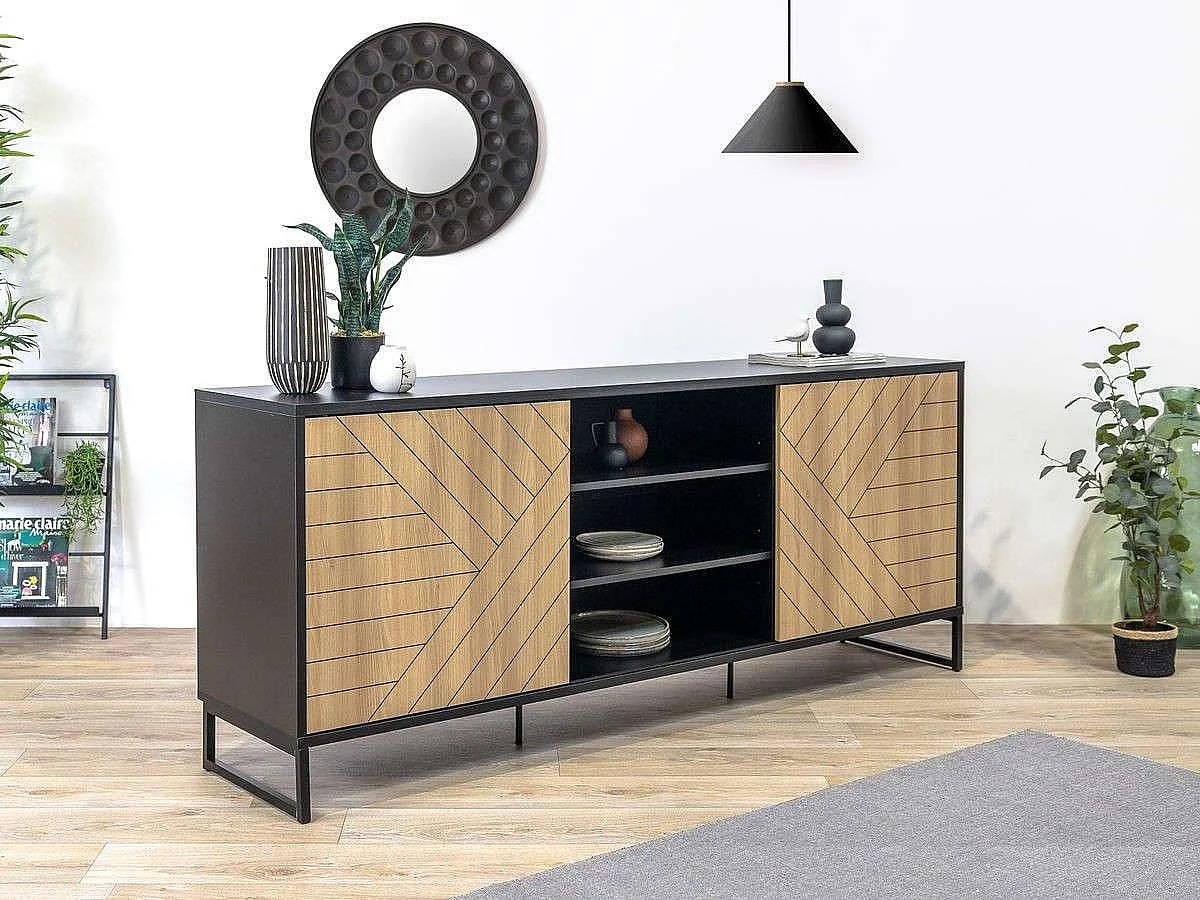 Buffet Pyramid 2 portes 82x200x45 cm noir et chêne TALESA