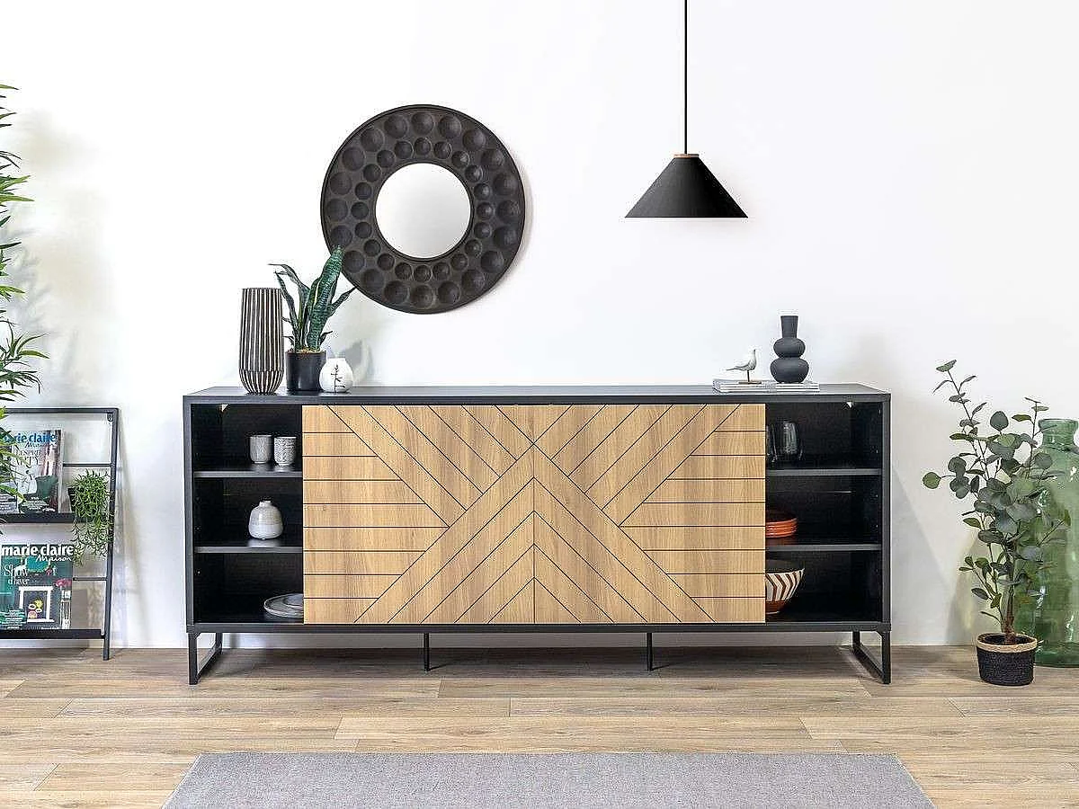 Buffet Pyramid 2 portes 82x200x45 cm noir et chêne TALESA