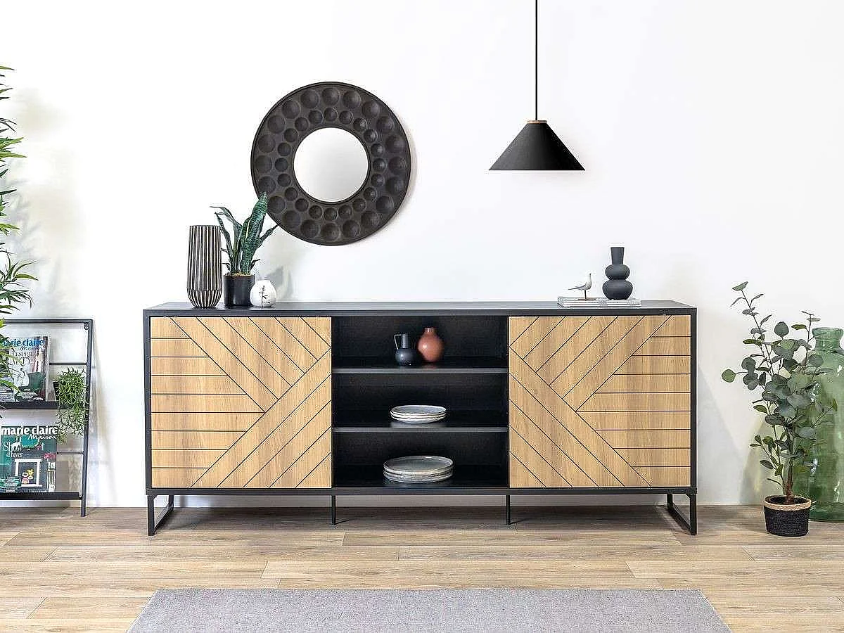 Buffet Pyramid 2 portes 82x200x45 cm noir et chêne TALESA