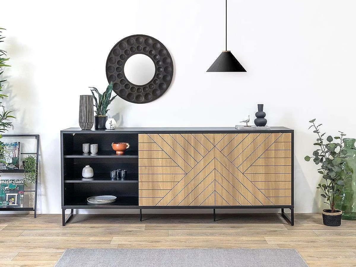 Buffet Pyramid 2 portes 82x200x45 cm noir et chêne TALESA