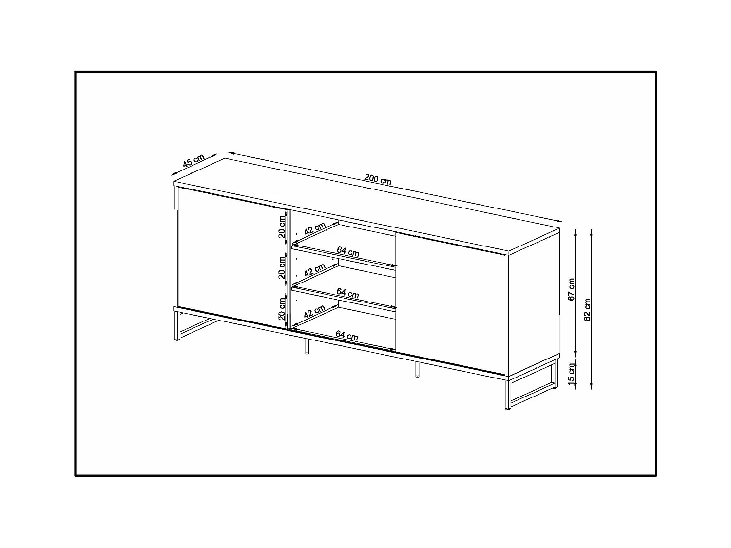 Buffet Pyramid 2 portes 82x200x45 cm noir et chêne TALESA