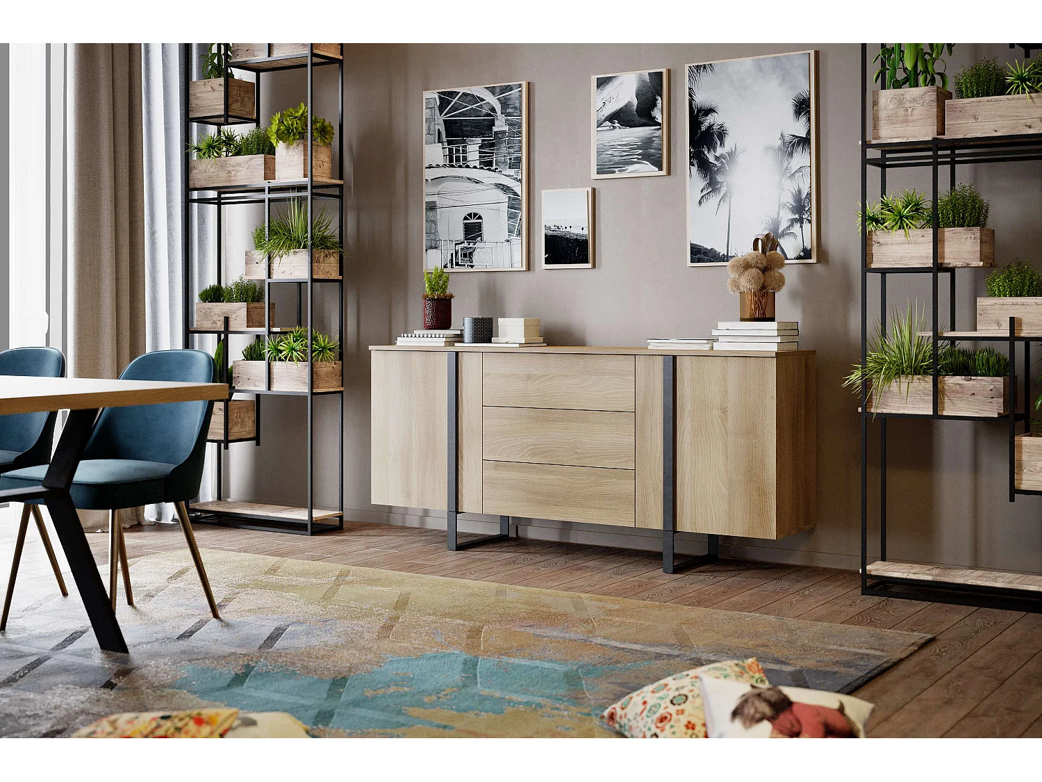 Buffet Mediterráneo 2 portes 3 tiroirs 81x180x40 cm chêne TALESA