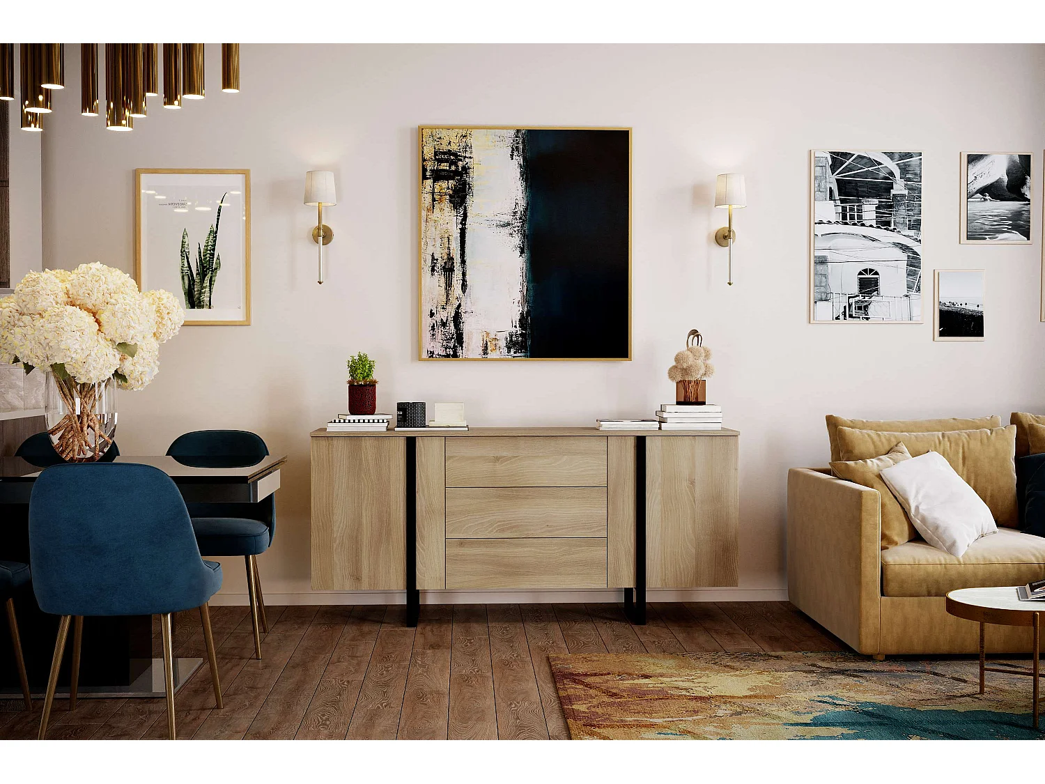 Buffet Mediterráneo 2 portes 3 tiroirs 81x180x40 cm chêne TALESA