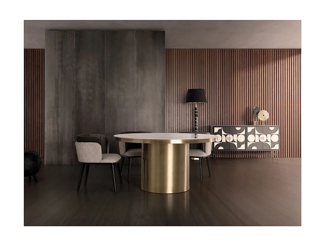 Table à manger ronde porcelaine et acier doré Tikah 150cm