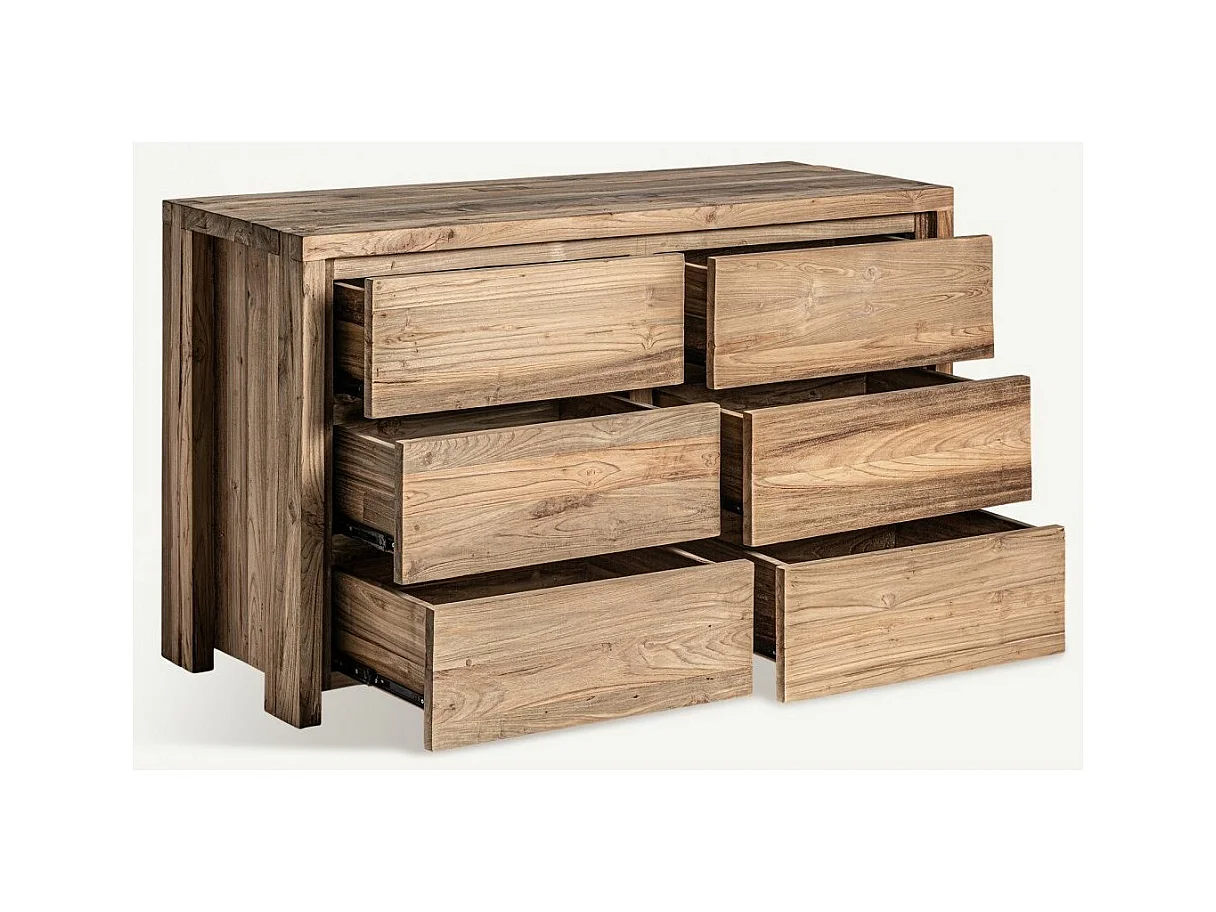 Commode 6 tiroirs bois massif naturel vieilli style colonial Rubha 140cm