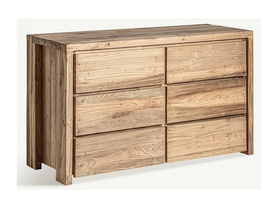 Commode 6 tiroirs bois massif naturel vieilli style colonial Rubha 140cm