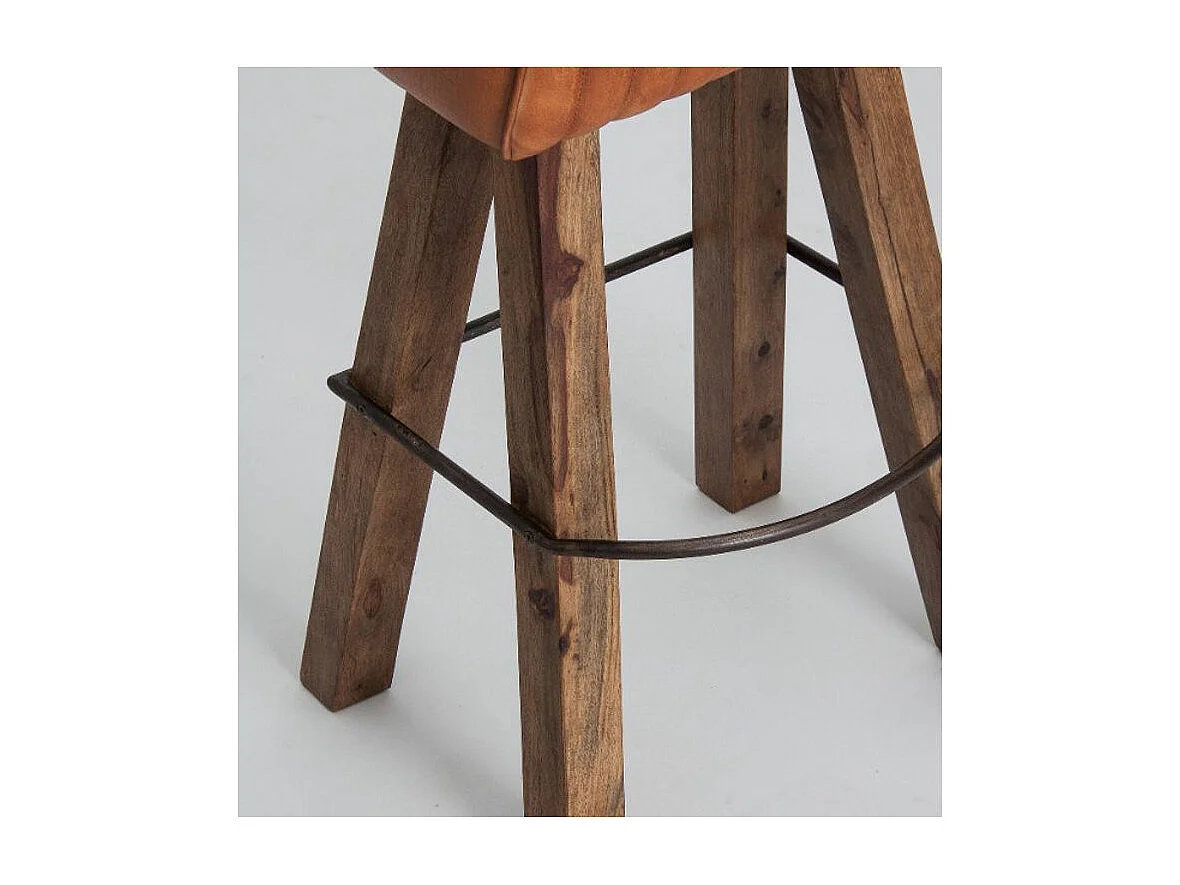 Tabouret de bar cuir marron et pieds acacia massif clair Marina