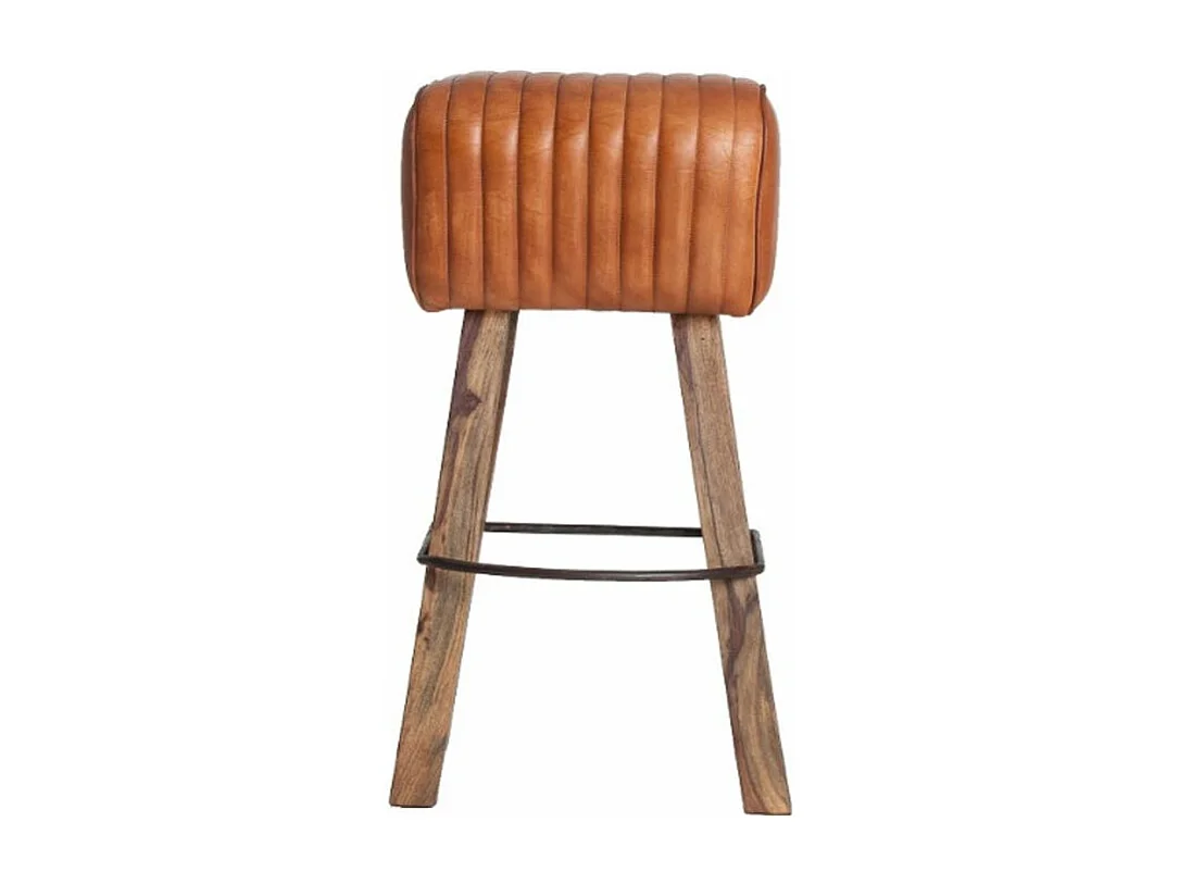 Taburete de bar Marina de piel marrón y patas de acacia maciza clara