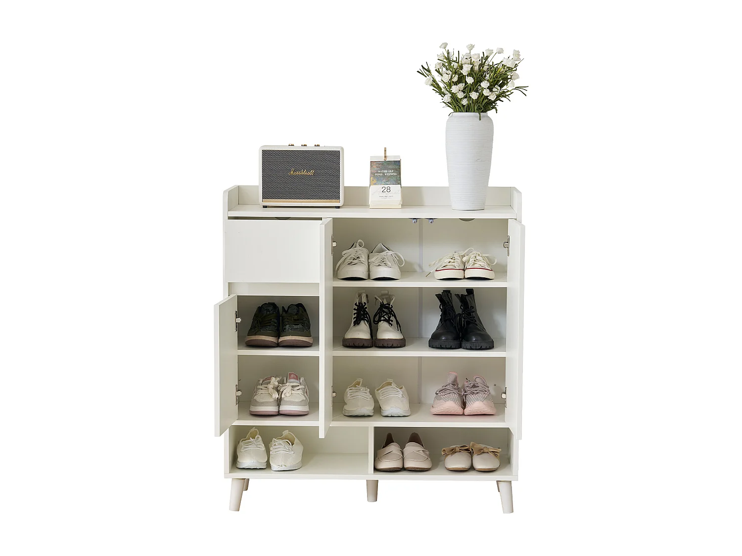 Schuhschrank – 7 Fächer und 1 Schublade – mit verstellbaren Einlegeböden – Weiß