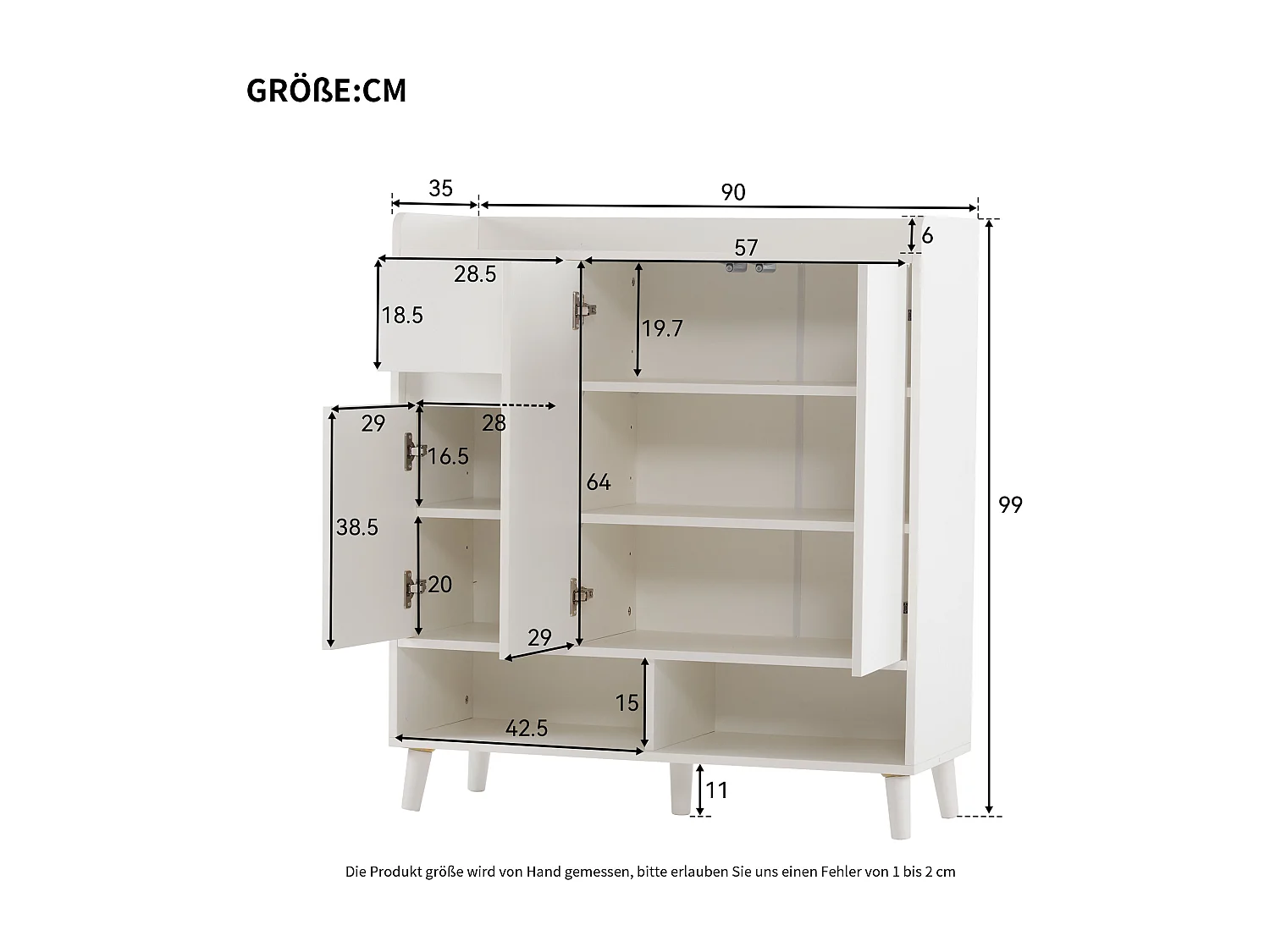 Schuhschrank – 7 Fächer und 1 Schublade – mit verstellbaren Einlegeböden – Weiß