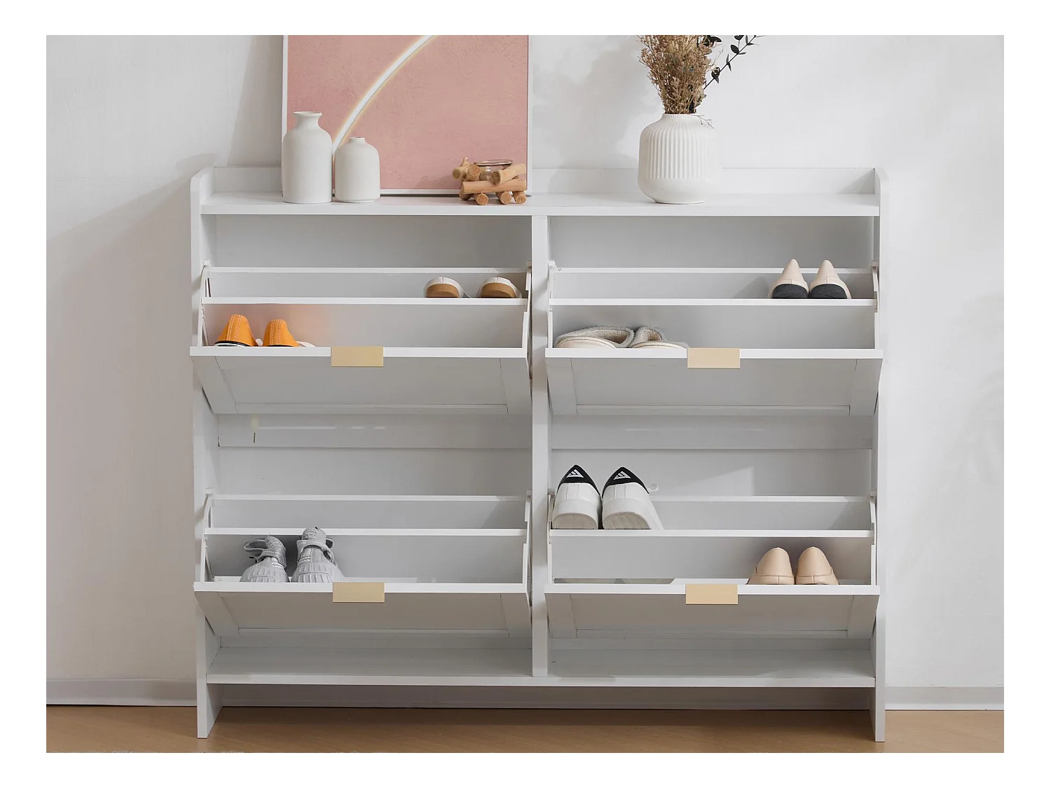 Meuble à chaussures moderne - 4 compartiments abattants - Blanc