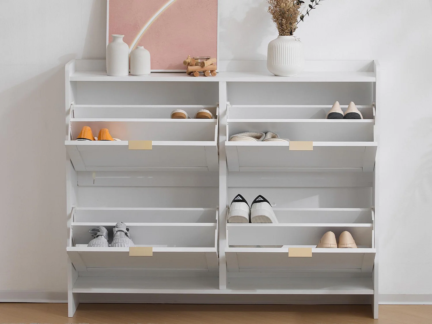 Moderner Schuhschrank – 4 Klappfächer – Weiß