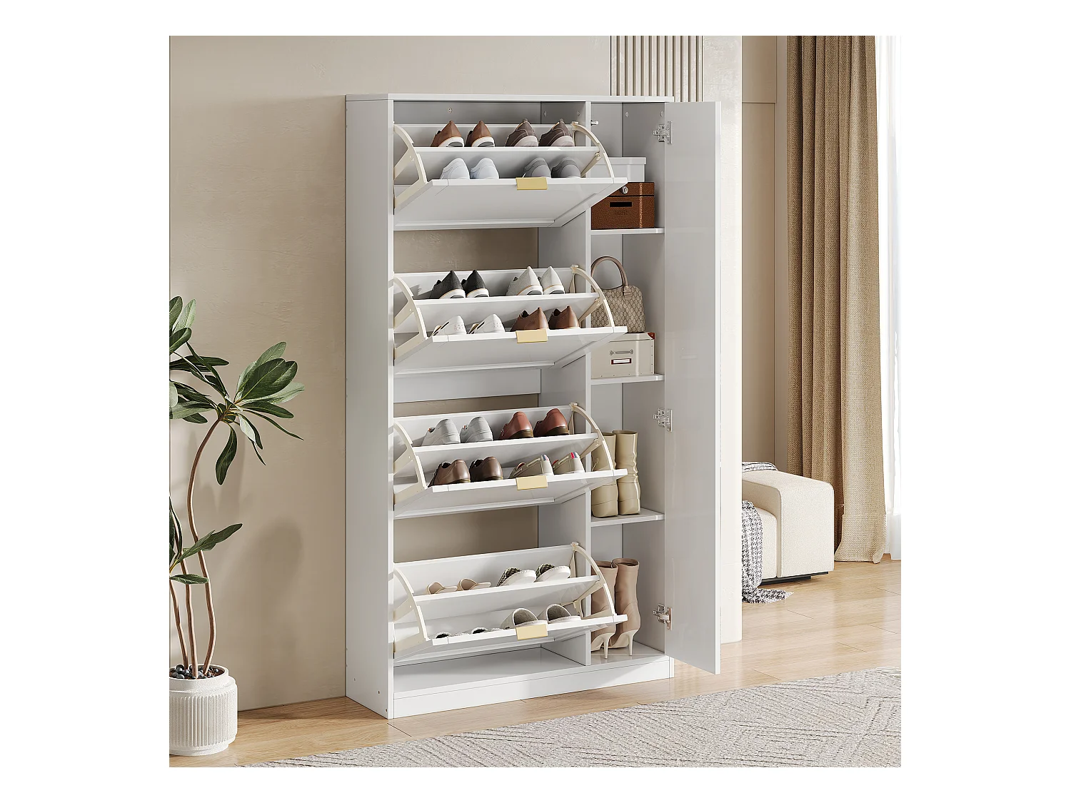 Nowoczesna szafka na buty - z lustrem + 4 uchylne przegródki - Biała