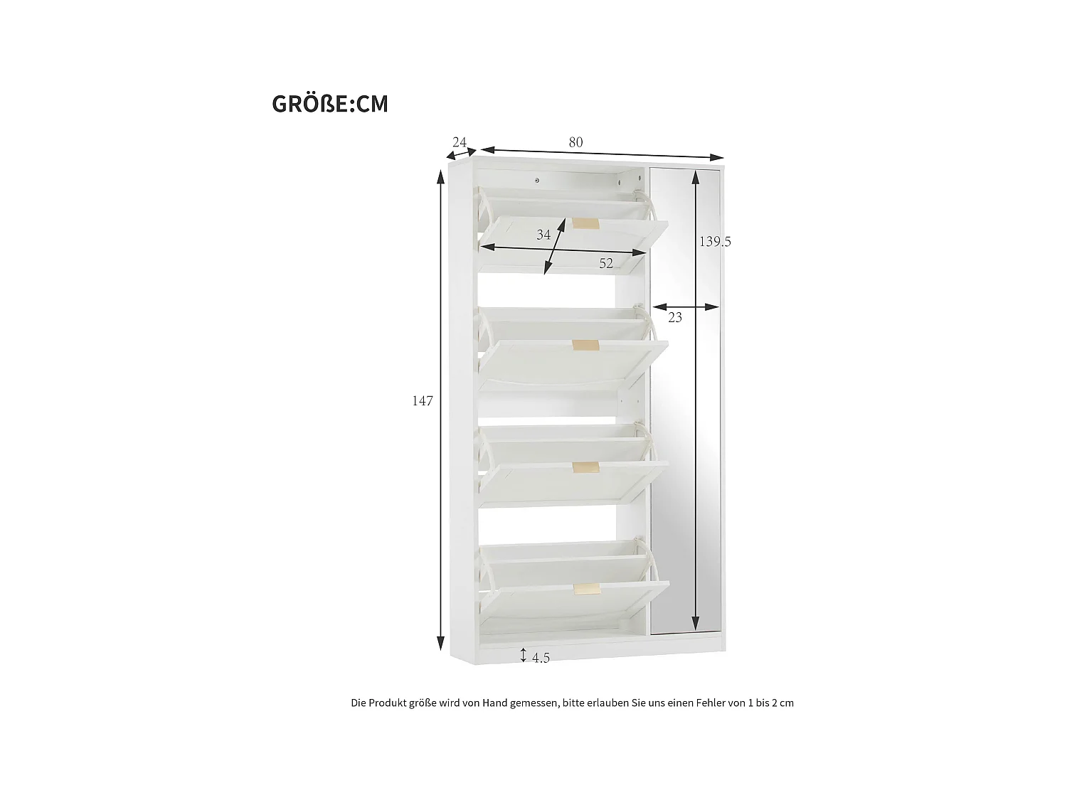 Nowoczesna szafka na buty - z lustrem + 4 uchylne przegródki - Biała