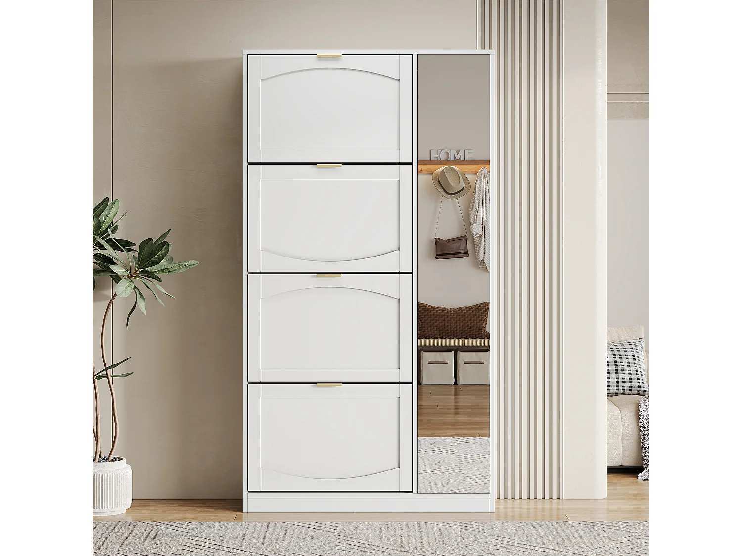 Meuble à chaussures moderne - avec miroir + 4 compartiments abattant - Blanc