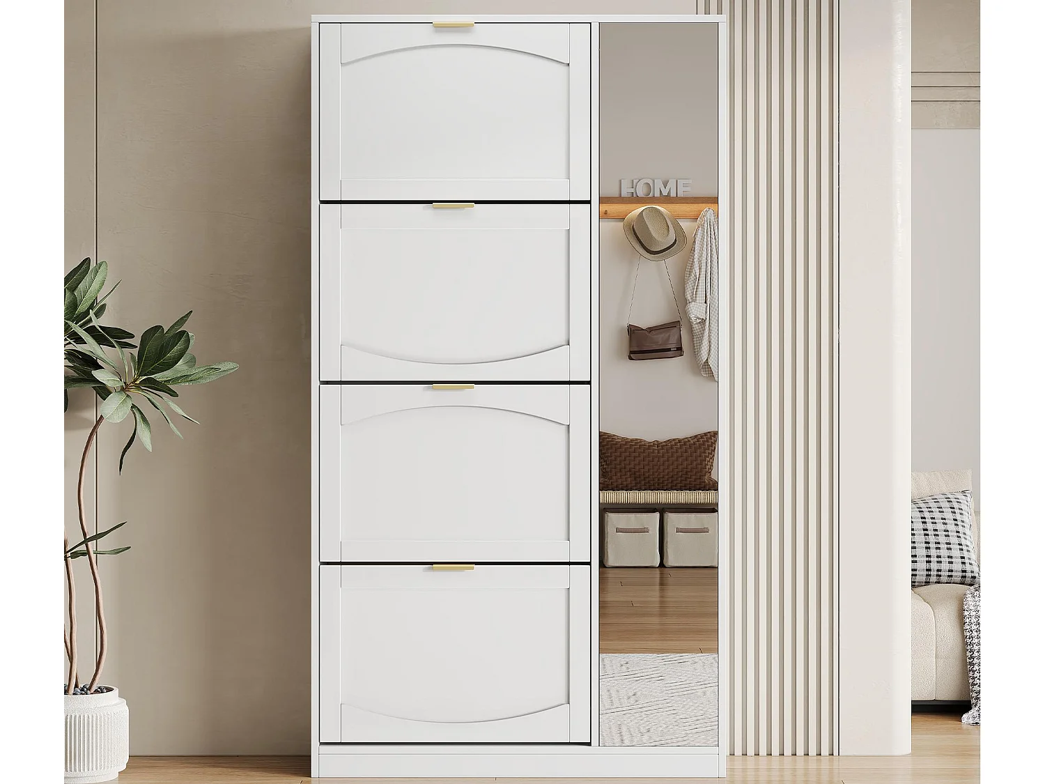 Meuble à chaussures moderne - avec miroir + 4 compartiments abattant - Blanc