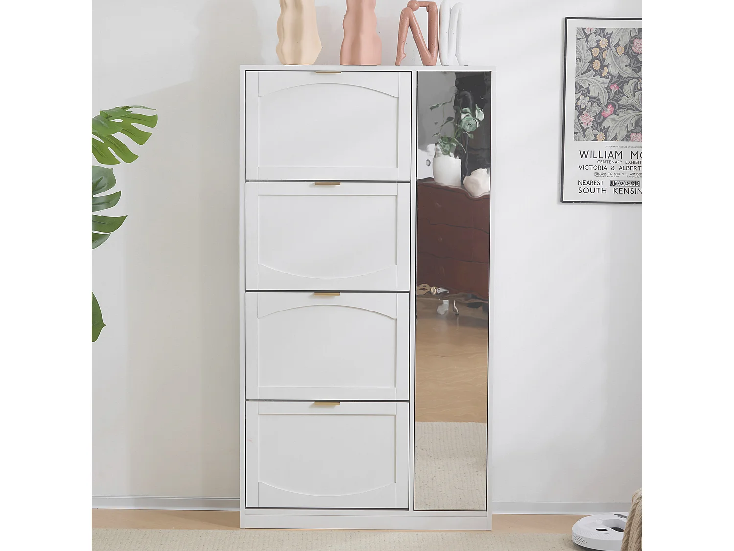 Meuble à chaussures moderne - avec miroir + 4 compartiments abattant - Blanc