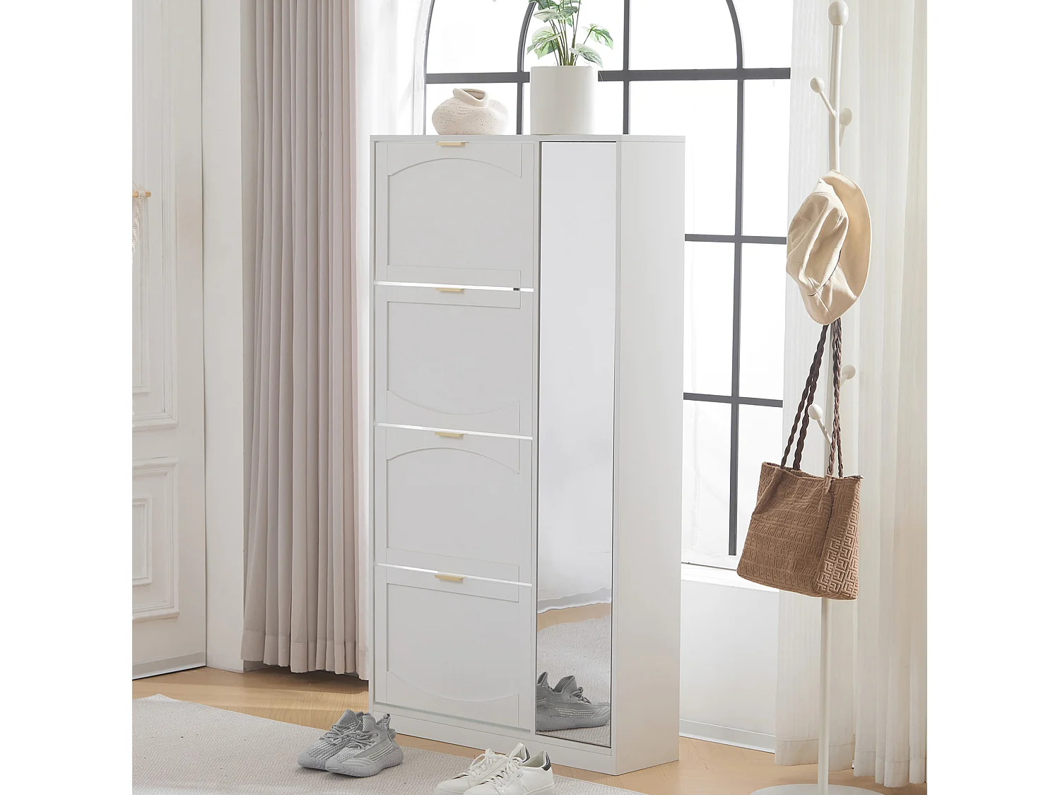 Meuble à chaussures moderne - avec miroir + 4 compartiments abattant - Blanc