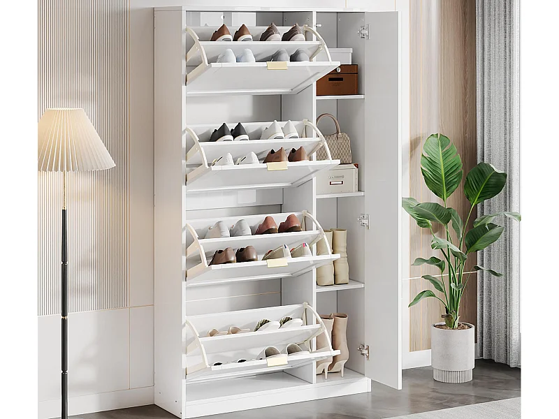 Moderne schoenenkast - met spiegel + 4 klepvakken - Wit