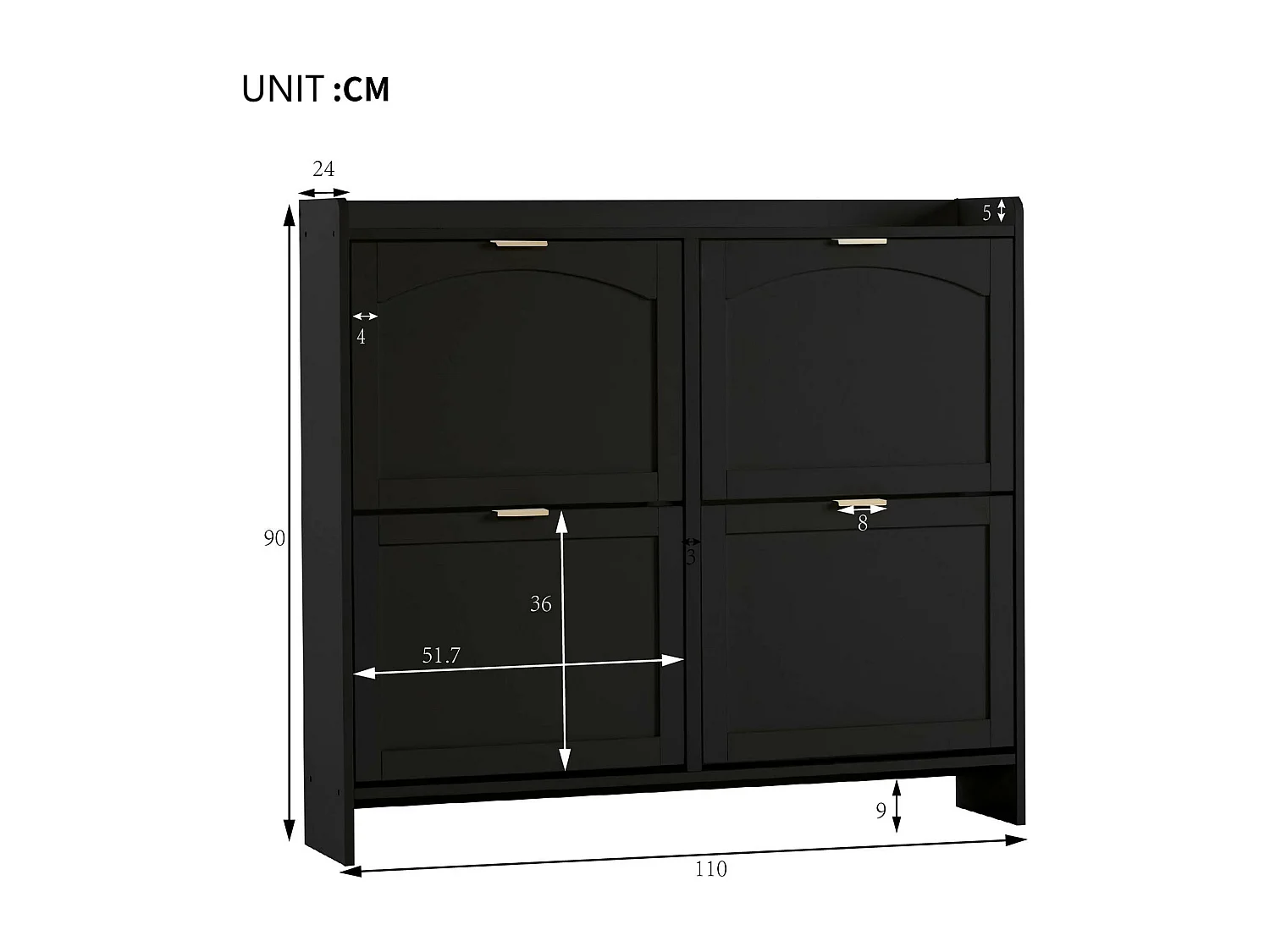 Moderner Schuhschrank – 4 Klappfächer – Schwarz