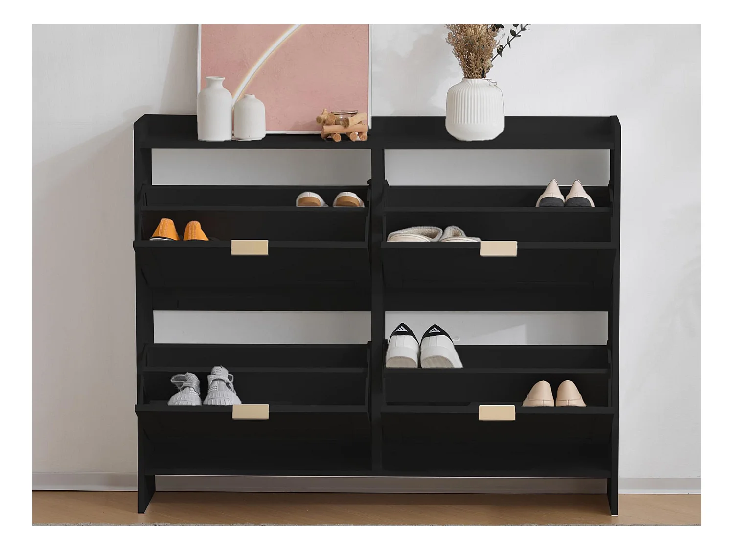 Meuble à chaussures moderne - 4 compartiments abattants - Noir