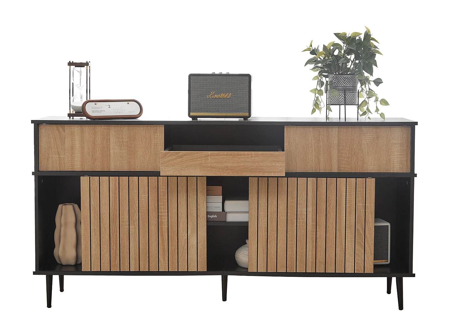 Modernes Sideboard – 4 Schiebetüren und 1 Schublade – mit verstellbaren Einlegeböden – Natur & Schwarz