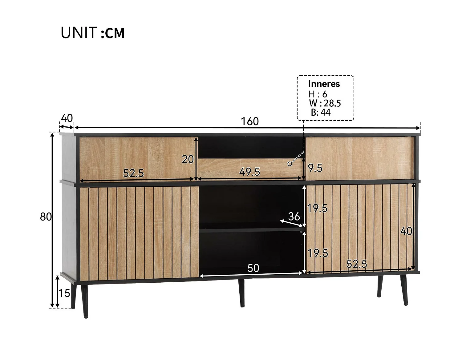 Modernes Sideboard – 4 Schiebetüren und 1 Schublade – mit verstellbaren Einlegeböden – Natur & Schwarz