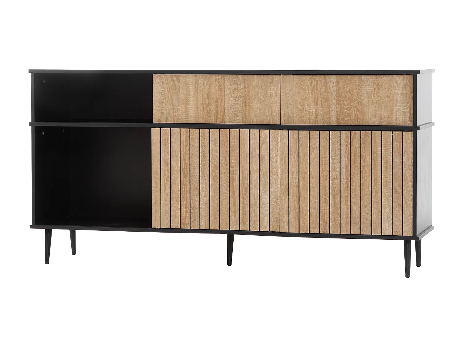 Modernes Sideboard – 4 Schiebetüren und 1 Schublade – mit verstellbaren Einlegeböden – Natur & Schwarz