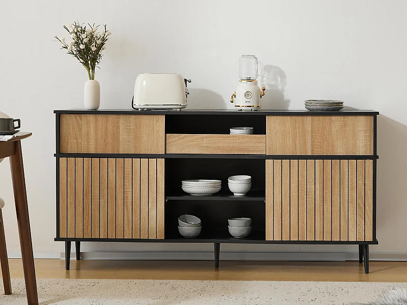 Modernes Sideboard – 4 Schiebetüren und 1 Schublade – mit verstellbaren Einlegeböden – Natur & Schwarz