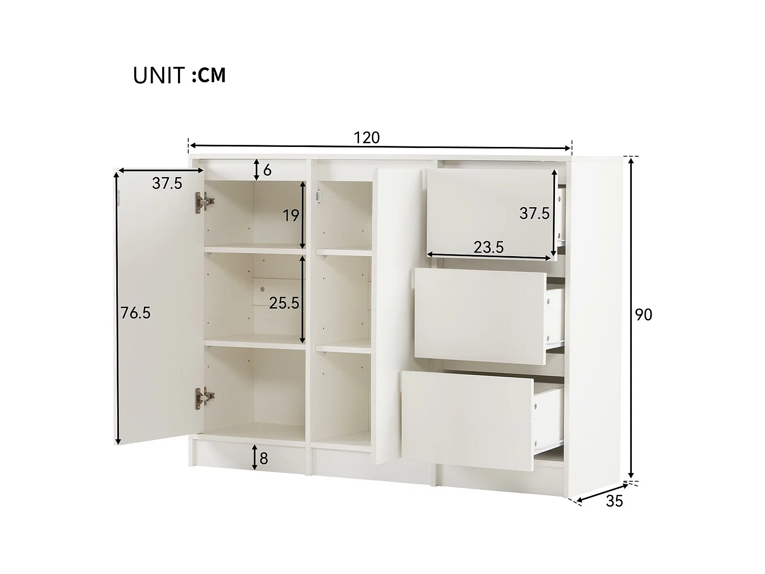 Aparador moderno - 2 puertas y 3 cajones - con estantes ajustables - Blanco