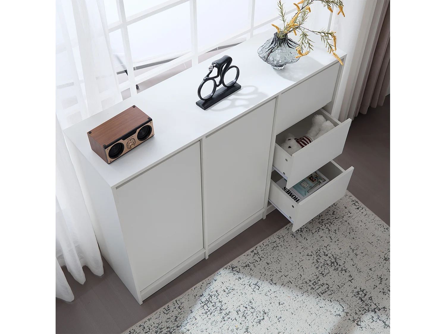 Buffet moderne - 2 portes et 3 tiroirs - avec étagères réglables - Blanc