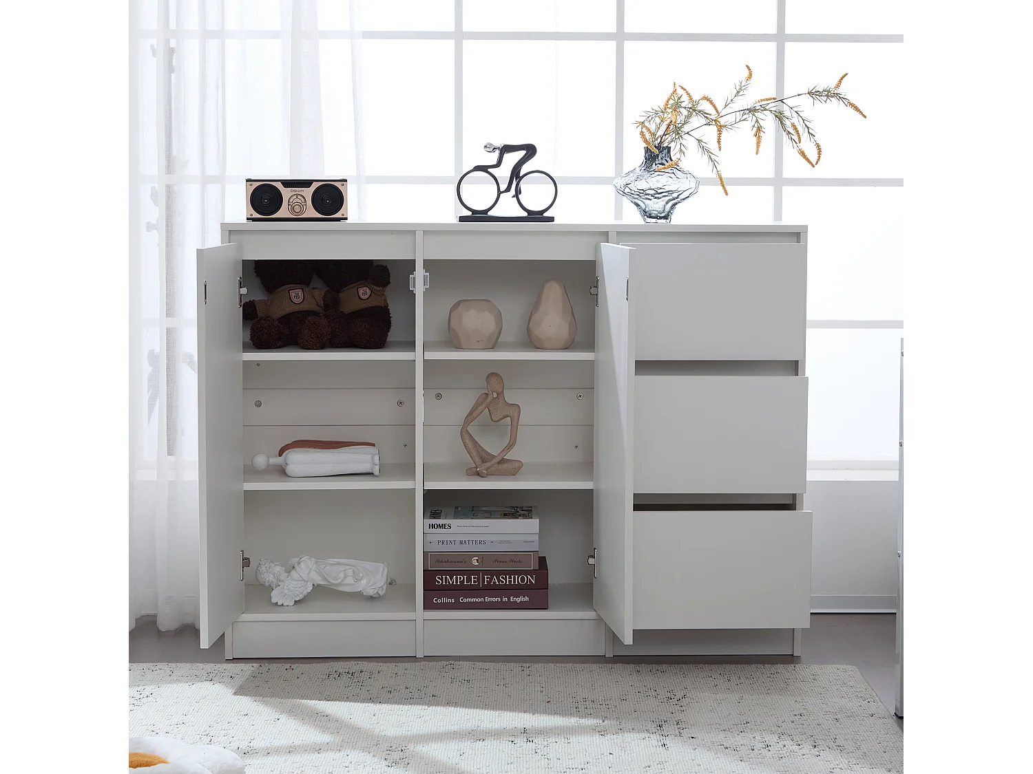 Buffet moderne - 2 portes et 3 tiroirs - avec étagères réglables - Blanc