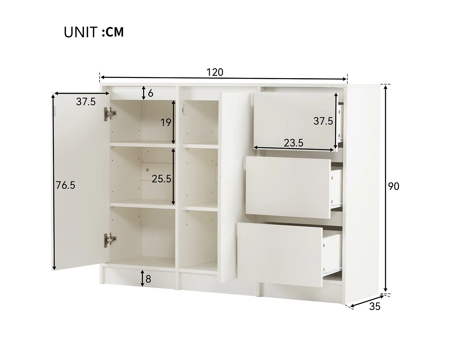 Buffet moderne - 2 portes et 3 tiroirs - avec étagères réglables - Blanc