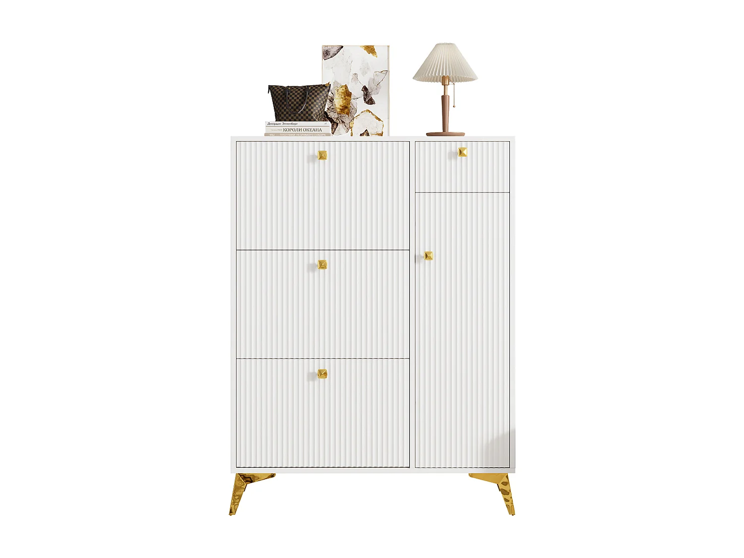 Shoe Cabinet - 3 Drop-Down Doors, 1 Drawer and 1 Door - White
