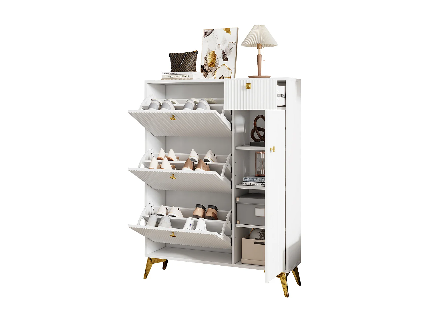 Shoe Cabinet - 3 Drop-Down Doors, 1 Drawer and 1 Door - White