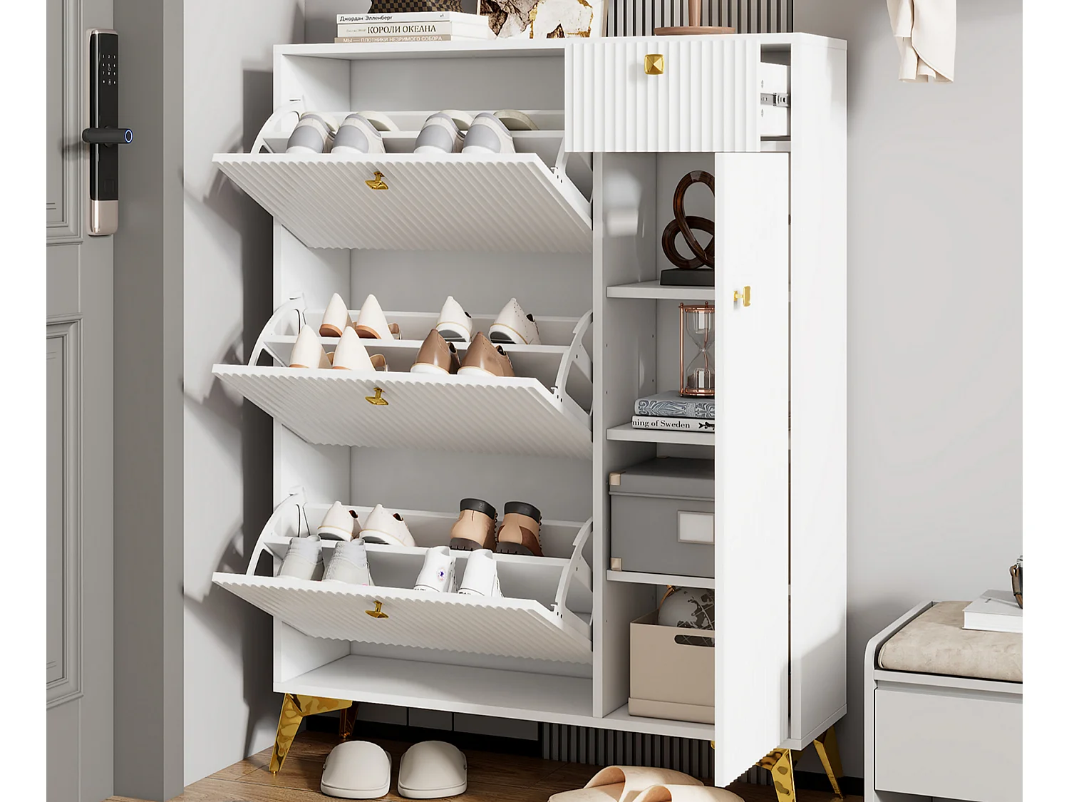 Shoe Cabinet - 3 Drop-Down Doors, 1 Drawer and 1 Door - White