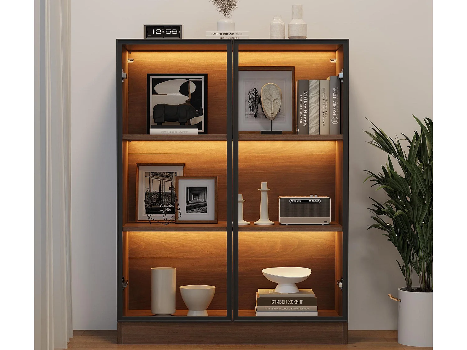 Vitrina de cristal con 3 estantes - LED - Marrón