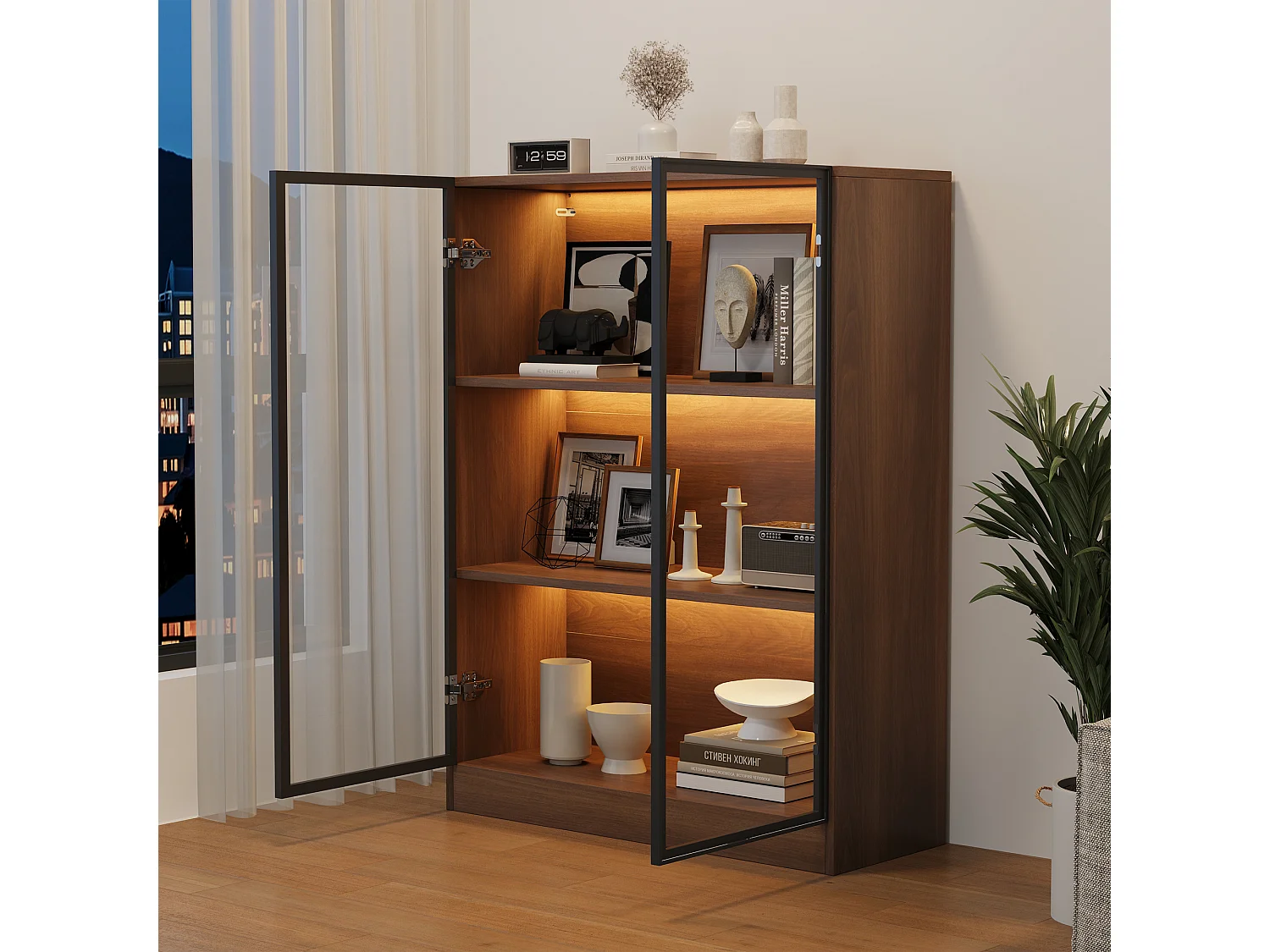 Vitrina de cristal con 3 estantes - LED - Marrón