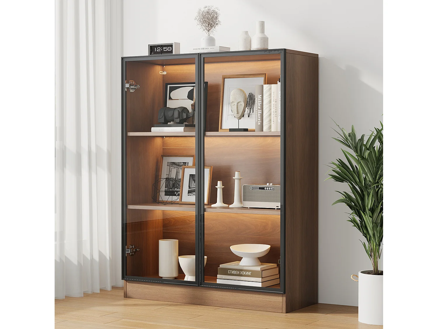 Vitrina de cristal con 3 estantes - LED - Marrón