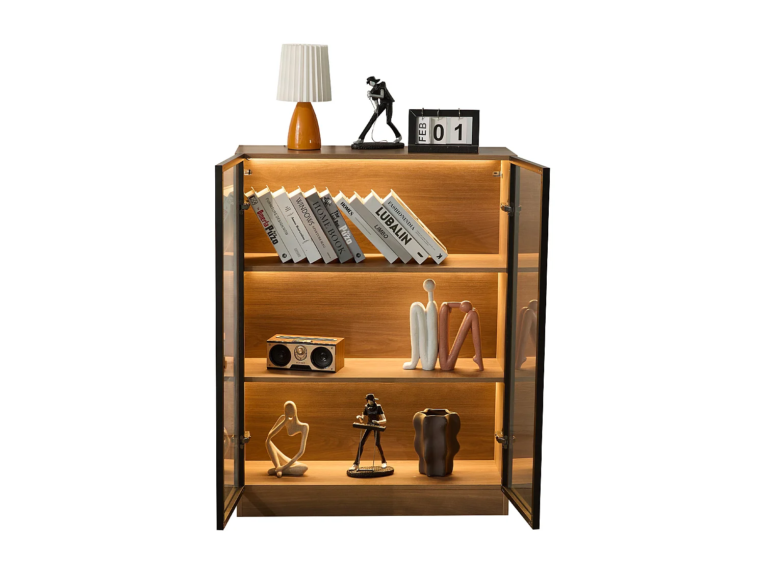 Vitrina de cristal con 3 estantes - LED - Marrón