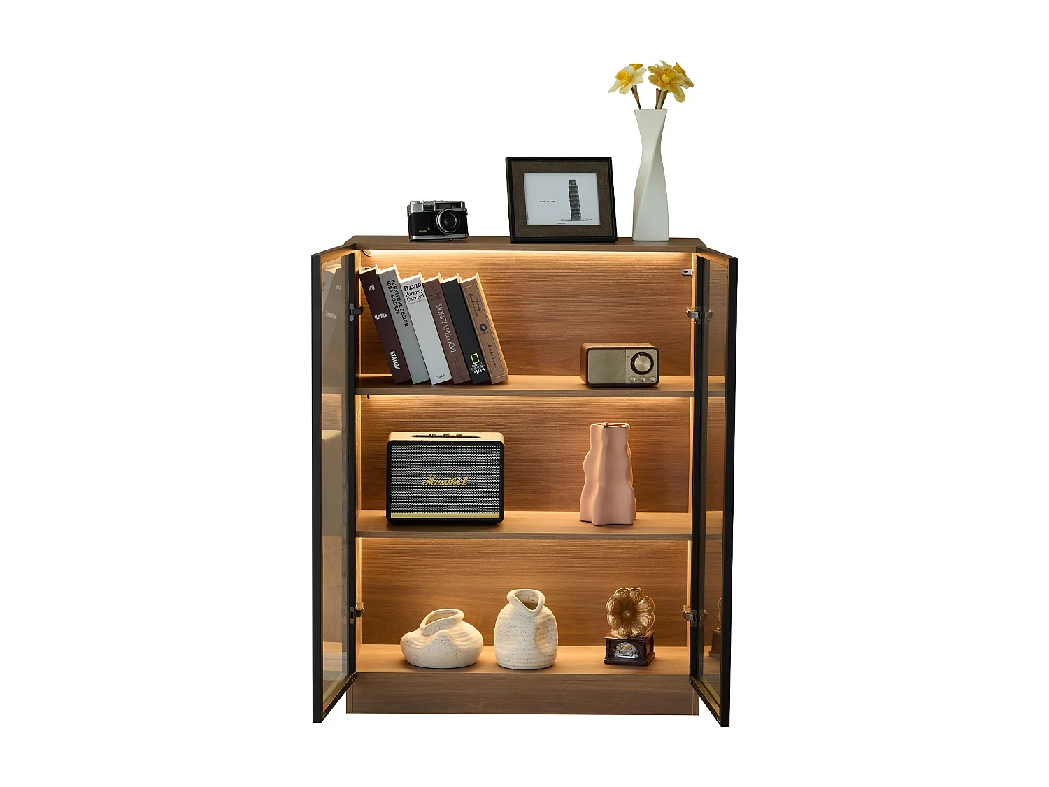 Vitrina de cristal con 3 estantes - LED - Marrón