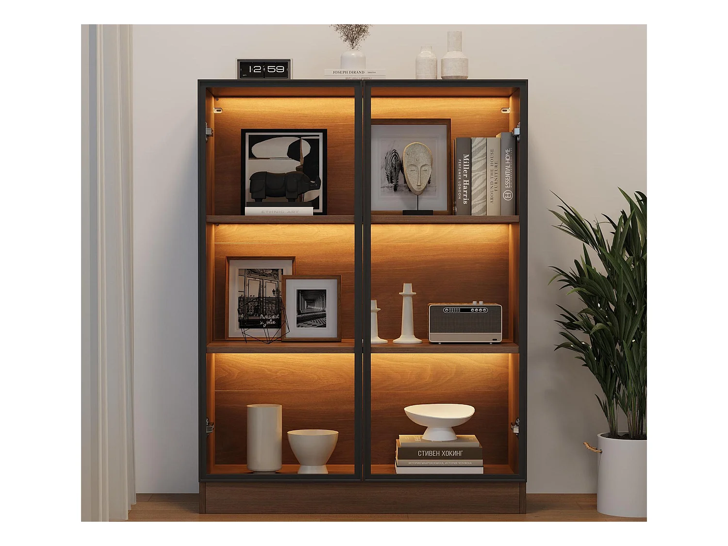 Vitrine en verre avec 3 étagères - LED - Marron