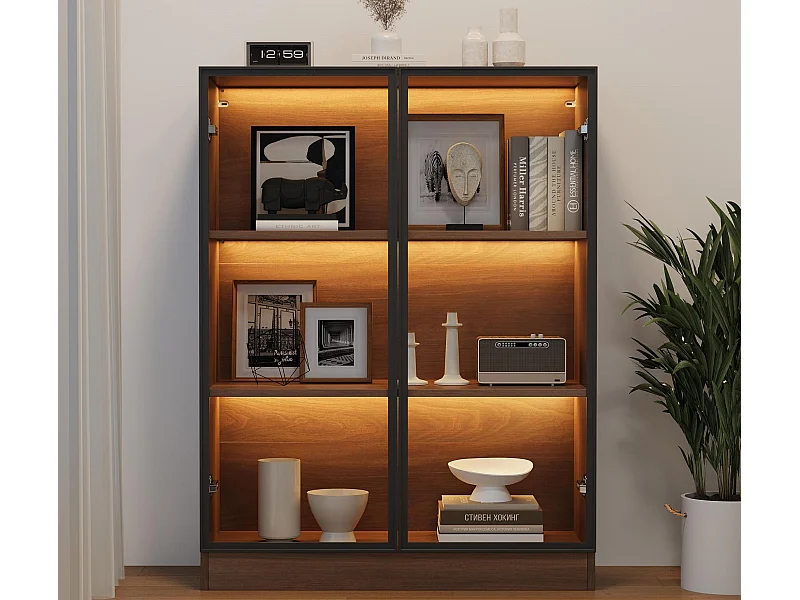 Vitrine en verre avec 3 étagères - LED - Marron