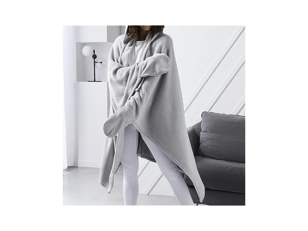 Couverture plaid polaire 165 x 115 cm avec manches et capuche, 100% Polyester coloris Gris