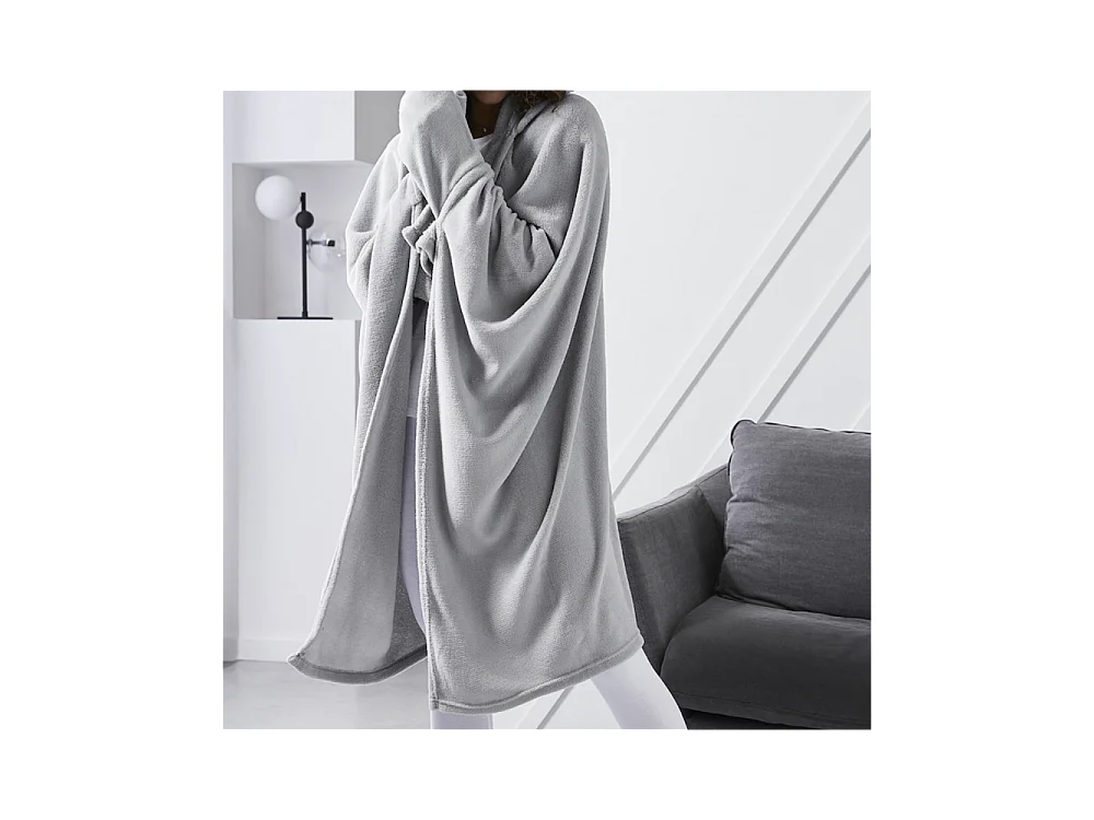 Couverture plaid polaire 165 x 115 cm avec manches et capuche, 100% Polyester coloris Gris